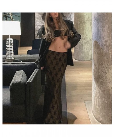 Skirt Sets Women 2 Piece Outfits Sexy See Through Strapless Lace Tube Top Bodycon Maxi Skirts Y2K Set Black $9.50 Suits