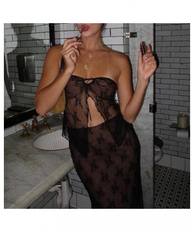 Skirt Sets Women 2 Piece Outfits Sexy See Through Strapless Lace Tube Top Bodycon Maxi Skirts Y2K Set Black $9.50 Suits