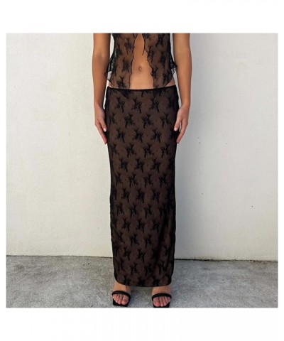 Skirt Sets Women 2 Piece Outfits Sexy See Through Strapless Lace Tube Top Bodycon Maxi Skirts Y2K Set Black $9.50 Suits