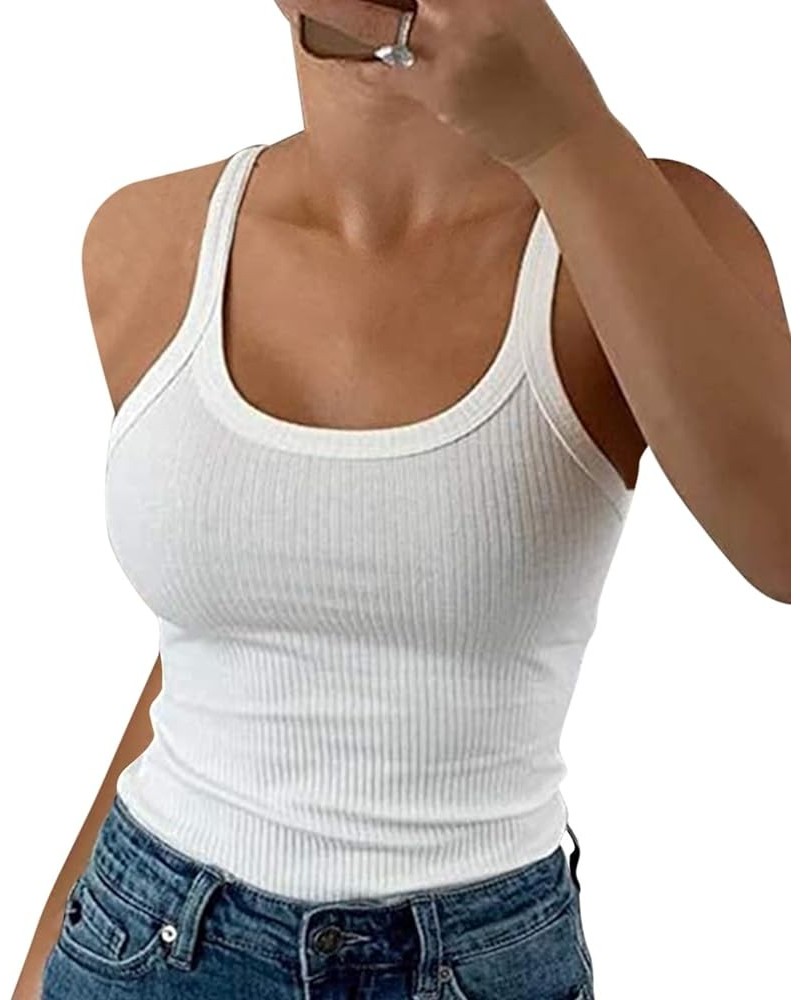 Women's Scoop Neck Ribbed Tank Tops Workout Sleeveless Summer Casual Fitted Cami Shirt A-white $6.75 Tanks