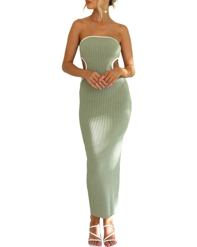 Women Knitted Maxi Tube Dress Strapless Backless Knitwear Long Dress Sexy Summer Bodycon Maxi Dress Streetwear Green B $15.38...