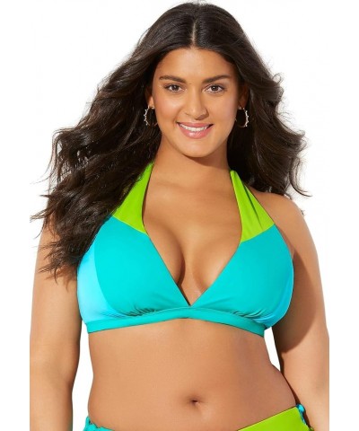 Women's Plus Size Romancer Colorblock Halter Triangle Bikini Top Neon Mint Oasis $16.56 Swimsuits