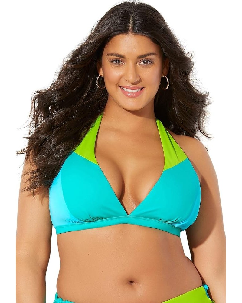 Women's Plus Size Romancer Colorblock Halter Triangle Bikini Top Neon Mint Oasis $16.56 Swimsuits