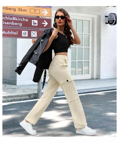 Women High Waisted Cargo Pants Y2K Trousers Wide Leg Casual Pants with 8 Pockets Drawstring Khaki $18.19 Pants