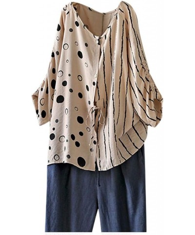 Womens Plus Size Tops Long Sleeve Floral Print Patchwork Tunics Spring Casual Loose Pullover Cotton Linen Tshirt R5-beige $9....