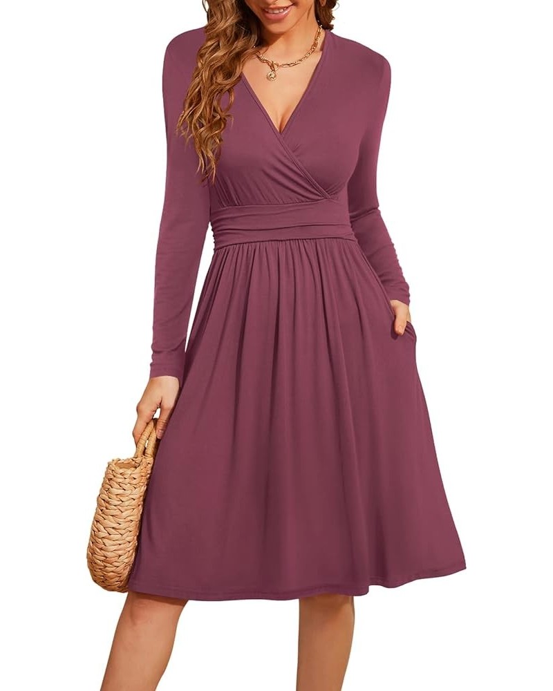 Womens Long Sleeve Deep V-Neck Formal Dress Pleated Waist Knee Length Dresses with Pockets Z Mauve-long Sleeve $23.00 Dresses