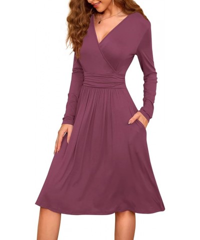 Womens Long Sleeve Deep V-Neck Formal Dress Pleated Waist Knee Length Dresses with Pockets Z Mauve-long Sleeve $23.00 Dresses