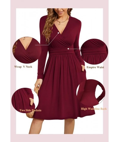 Womens Long Sleeve Deep V-Neck Formal Dress Pleated Waist Knee Length Dresses with Pockets Z Mauve-long Sleeve $23.00 Dresses