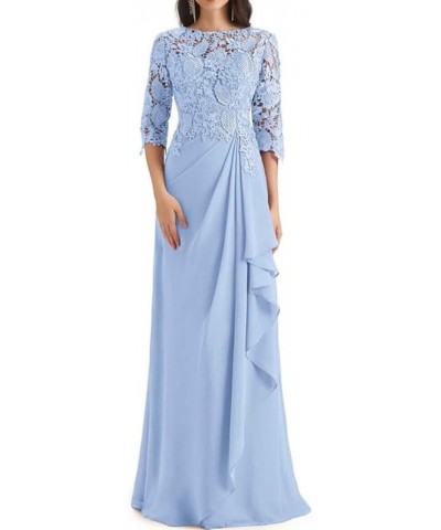 Lace Mother of The Bride Dress with Sleeves Chiffon Ruffles Long Evening Formal Gown for Wedding Scoop Neck Sky Blue $42.90 D...
