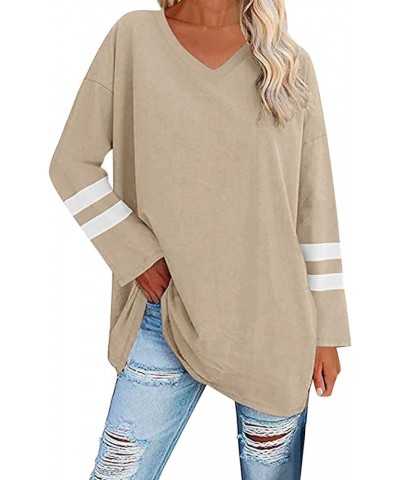 Womens Long Sleeve Tops, Oversized Striped Print Solid T-Shirts V Neck Workout Fashion Drop Shoulder Causal Loose Fit Blouse ...