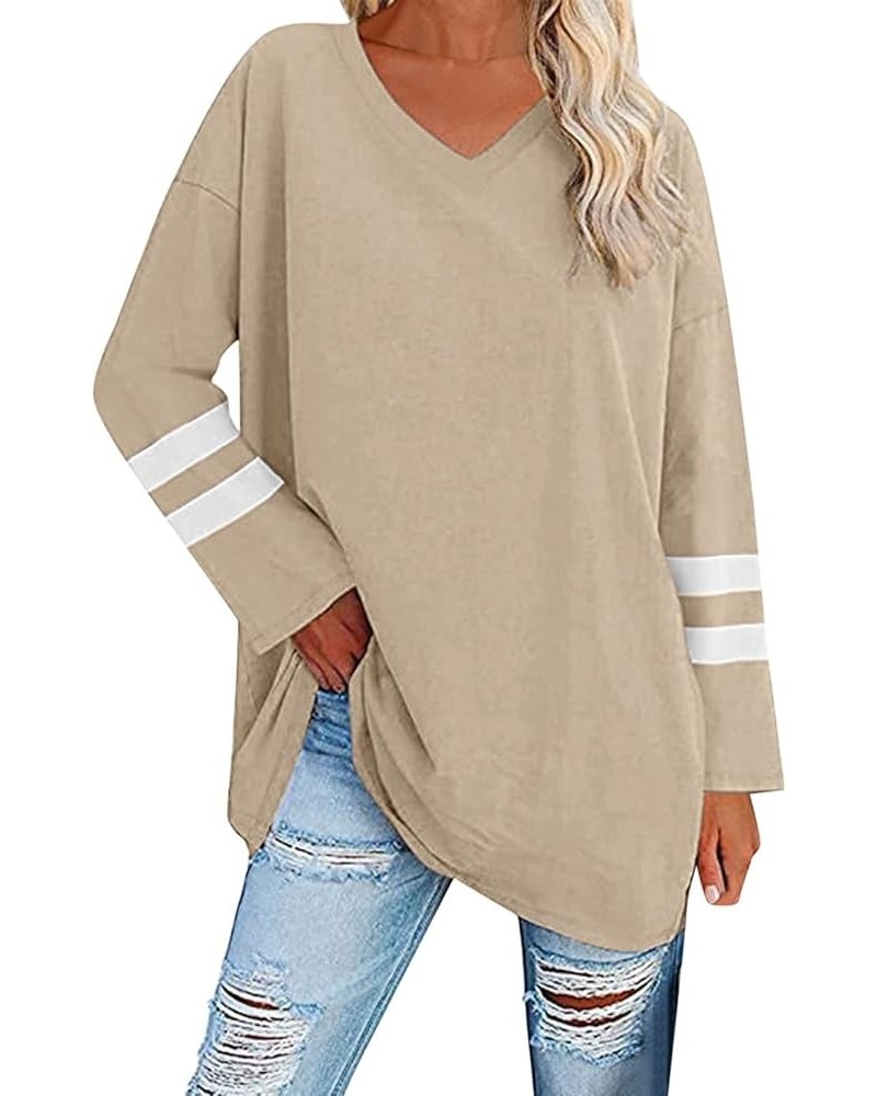 Womens Long Sleeve Tops, Oversized Striped Print Solid T-Shirts V Neck Workout Fashion Drop Shoulder Causal Loose Fit Blouse ...