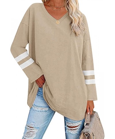 Womens Long Sleeve Tops, Oversized Striped Print Solid T-Shirts V Neck Workout Fashion Drop Shoulder Causal Loose Fit Blouse ...