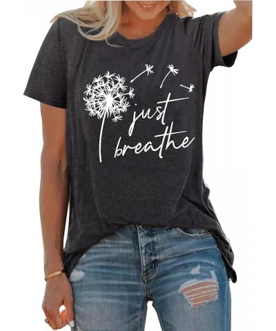 Just Breathe Dandelion T-Shirt for Women Dandelion Graphic Tees Short Sleeve Christian Shirts Tops Dark Grey $10.39 T-Shirts