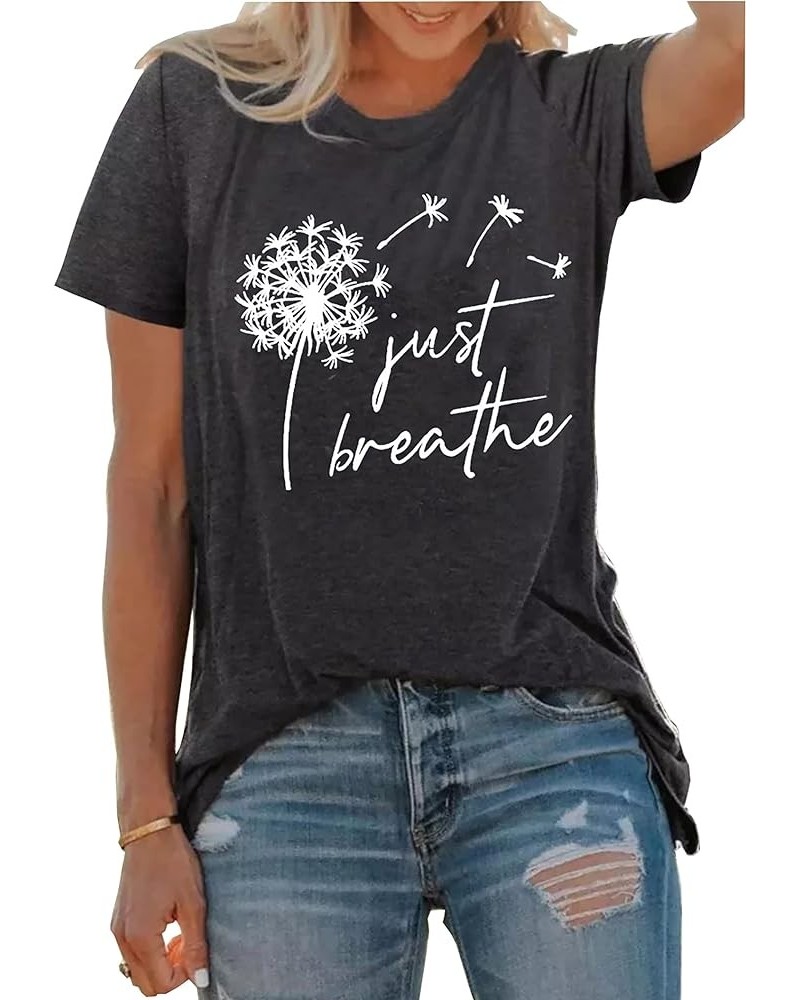 Just Breathe Dandelion T-Shirt for Women Dandelion Graphic Tees Short Sleeve Christian Shirts Tops Dark Grey $10.39 T-Shirts