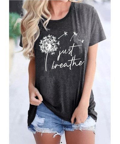 Just Breathe Dandelion T-Shirt for Women Dandelion Graphic Tees Short Sleeve Christian Shirts Tops Dark Grey $10.39 T-Shirts