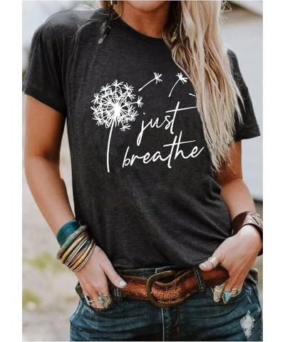 Just Breathe Dandelion T-Shirt for Women Dandelion Graphic Tees Short Sleeve Christian Shirts Tops Dark Grey $10.39 T-Shirts