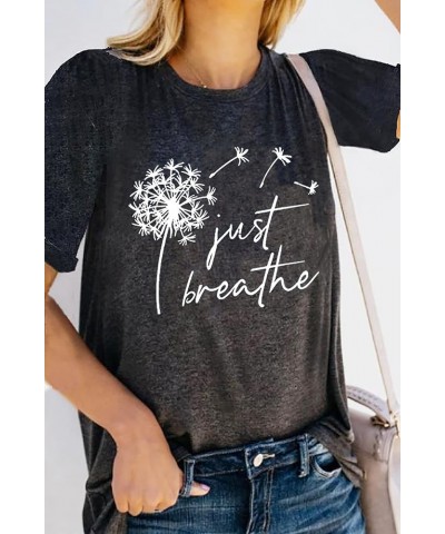 Just Breathe Dandelion T-Shirt for Women Dandelion Graphic Tees Short Sleeve Christian Shirts Tops Dark Grey $10.39 T-Shirts