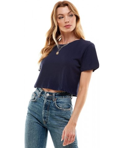 Women's Boxy Crop Top Round Neck Short Sleeve Casual 100% Cotton Cropped Tee T-Shirt Navy $10.93 T-Shirts