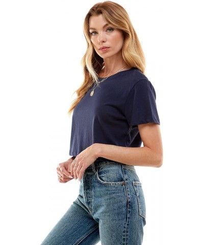 Women's Boxy Crop Top Round Neck Short Sleeve Casual 100% Cotton Cropped Tee T-Shirt Navy $10.93 T-Shirts