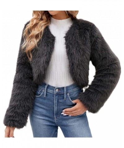 Women Faux Fur Short Jacket Long Sleeve Coat Open Front Fur Coat Winter Warm Shaggy Faux Fur Parka Coat Winter Warm Dark Gray...