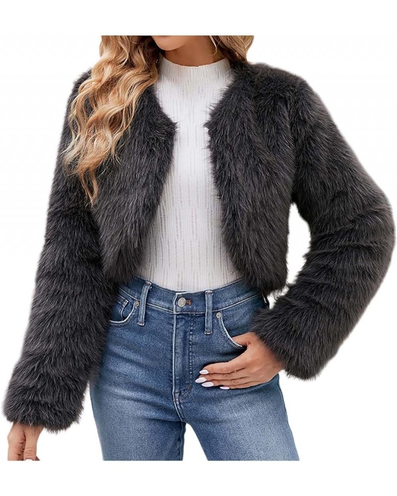 Women Faux Fur Short Jacket Long Sleeve Coat Open Front Fur Coat Winter Warm Shaggy Faux Fur Parka Coat Winter Warm Dark Gray...