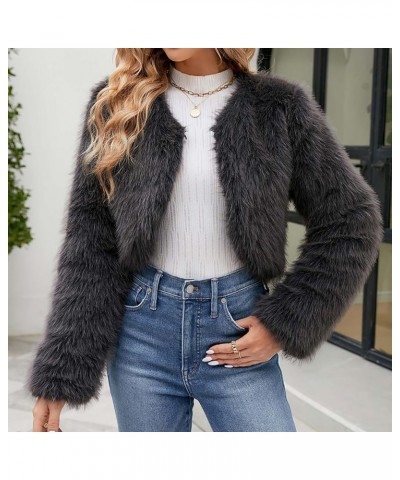 Women Faux Fur Short Jacket Long Sleeve Coat Open Front Fur Coat Winter Warm Shaggy Faux Fur Parka Coat Winter Warm Dark Gray...