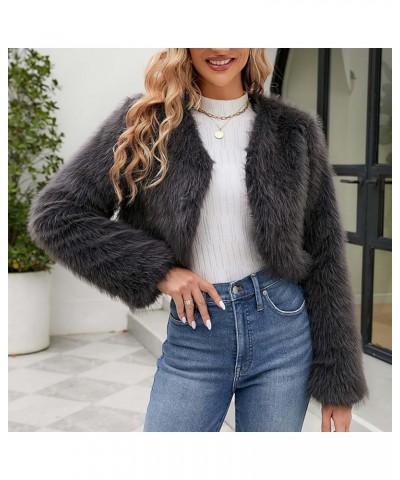 Women Faux Fur Short Jacket Long Sleeve Coat Open Front Fur Coat Winter Warm Shaggy Faux Fur Parka Coat Winter Warm Dark Gray...