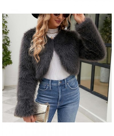 Women Faux Fur Short Jacket Long Sleeve Coat Open Front Fur Coat Winter Warm Shaggy Faux Fur Parka Coat Winter Warm Dark Gray...