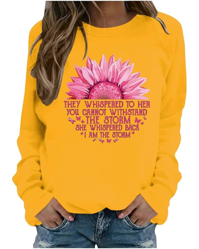 Breast Cancer Awareness Crewneck Sweatshirt for Women Floral Pink Ribbon Print Pullover Cute Tops Long Sleeve Shirts B05-yell...