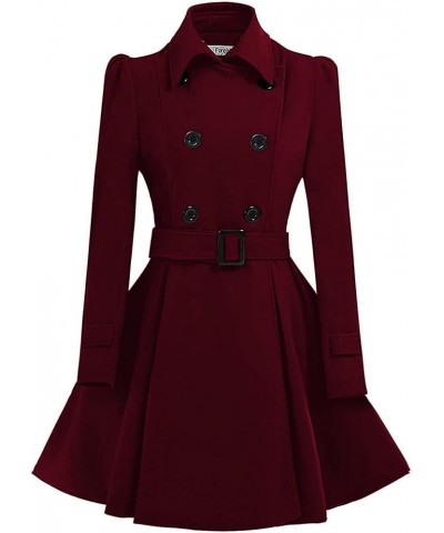 Women Swing Double Breasted Wool Pea Coat with Belt Buckle Spring Mid-Long Long Sleeve Lapel Dresses Outwear Winered $22.05 C...