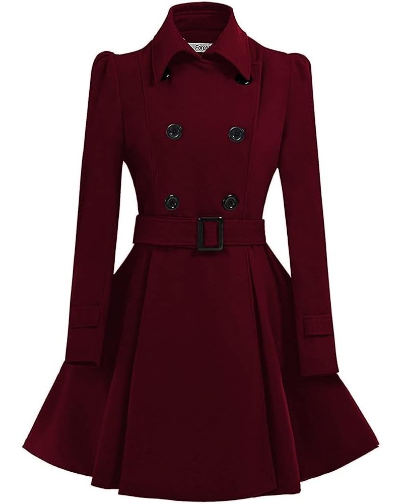 Women Swing Double Breasted Wool Pea Coat with Belt Buckle Spring Mid-Long Long Sleeve Lapel Dresses Outwear Winered $22.05 C...