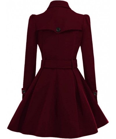 Women Swing Double Breasted Wool Pea Coat with Belt Buckle Spring Mid-Long Long Sleeve Lapel Dresses Outwear Winered $22.05 C...