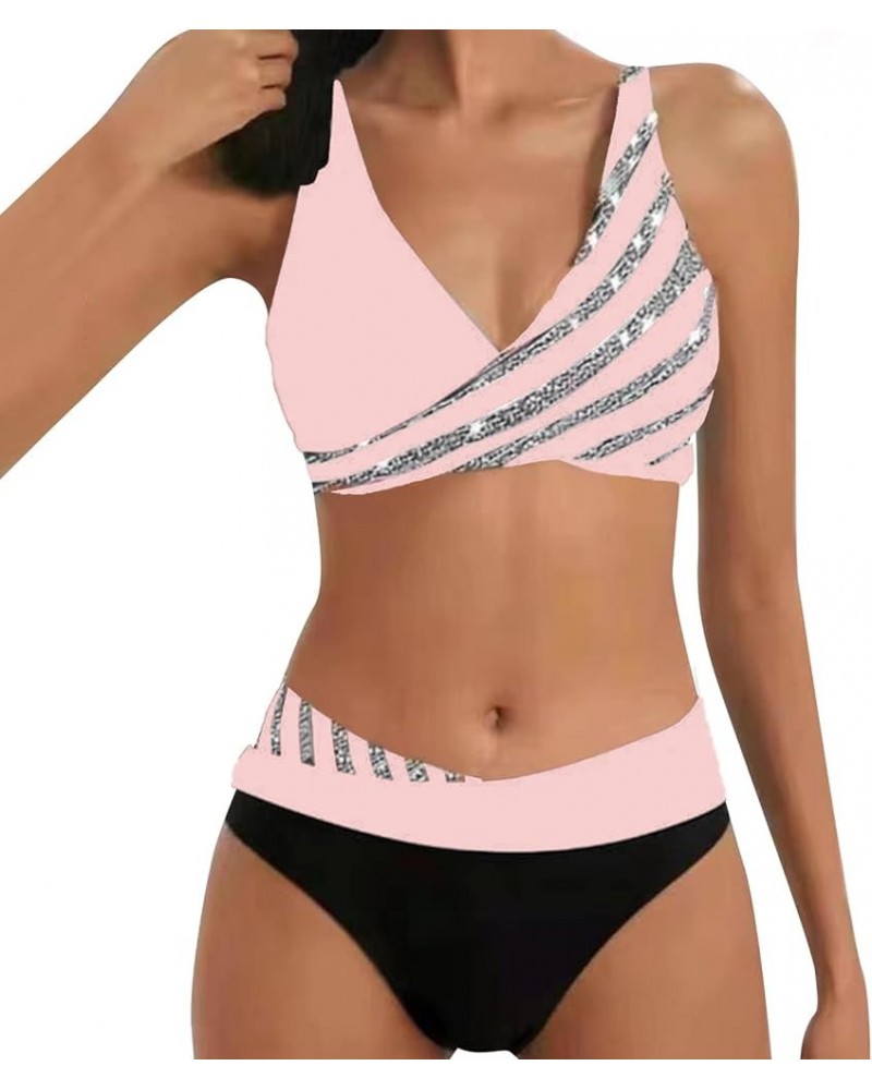 High Waisted Bikini Sets for Women 2 Piece Tankini Tops Swimwear Tankini Tops Push Up with Bikini Bottoms B-pink $10.89 Swims...