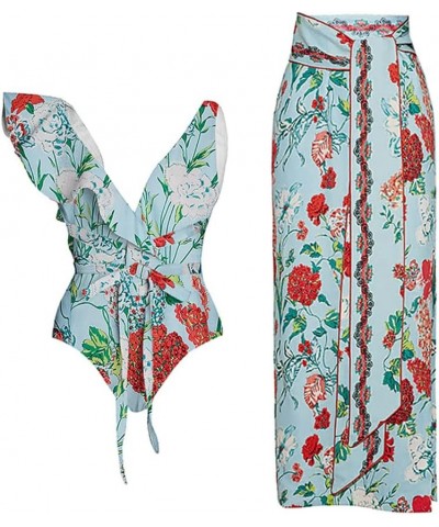 Women's One Piece Floral Swimsuit with Sarong Cover up Wrap Skirt 2 Piece Swimwear Beach Outfit Bathing Suit Blue Flower $14....