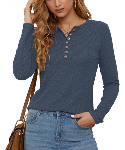 Women's Waffle Knit Tops Casual Long Sleeve Blouses Slim Fit Button Down V Neck Henley Shirts Dusty Blue $13.44 Tops