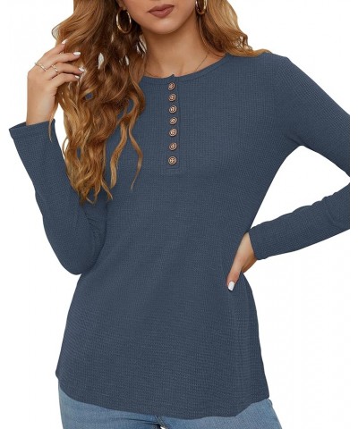 Women's Waffle Knit Tops Casual Long Sleeve Blouses Slim Fit Button Down V Neck Henley Shirts Dusty Blue $13.44 Tops