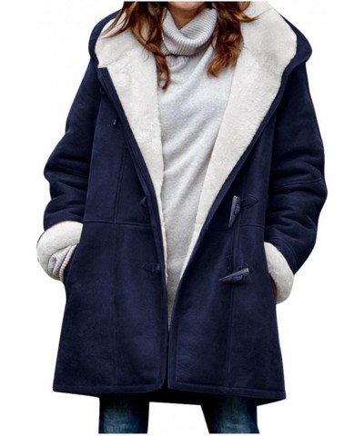 Womens Winter Coats Fuzzy Jacket Warm Plush Hoodies Horn Button Sweater Coat Plus Size Wool Jacket Velvet Outerwear Navy $13....