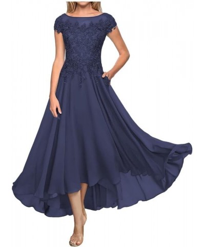 Mother of The Bride Dresses Lace Tea Length Wedding Guest Dress Long Chiffon Mother of The Groom Dresses with Pockets Navy $3...