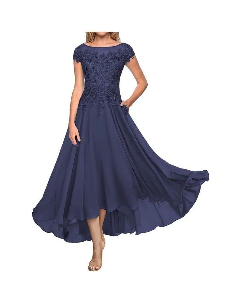 Mother of The Bride Dresses Lace Tea Length Wedding Guest Dress Long Chiffon Mother of The Groom Dresses with Pockets Navy $3...