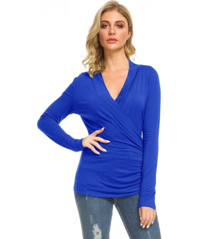 Womens Slim Fitted Deep V Neck Cross Wrap Top Long Sleeve T-Shirts Blue $13.31 T-Shirts