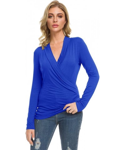 Womens Slim Fitted Deep V Neck Cross Wrap Top Long Sleeve T-Shirts Blue $13.31 T-Shirts