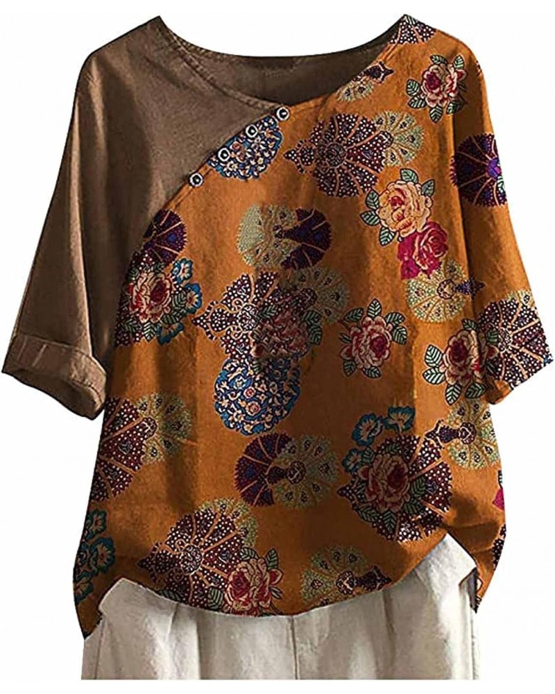 Cotton Linen Shirts for Women 3/4 Sleeve Vintage Dandelion Printed Blouses Crew Neck Button Down Plus Size Tops $12.09 Blouses