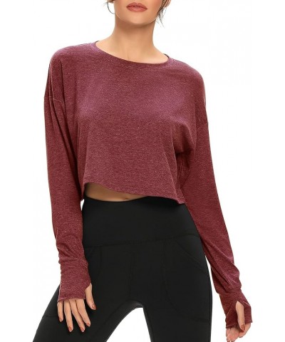 Long Sleeve Crop Top for Women Loose Workout Thumb Hole Tops Burgundy $12.99 Lingerie