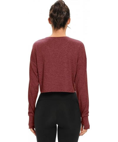 Long Sleeve Crop Top for Women Loose Workout Thumb Hole Tops Burgundy $12.99 Lingerie