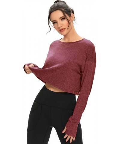 Long Sleeve Crop Top for Women Loose Workout Thumb Hole Tops Burgundy $12.99 Lingerie