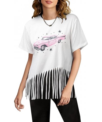 Fringe Shirt Women: Tassels Trim Top Car Graphic Tee Casual Short Sleeve Tshirt Western Country Music T-Shirt White $9.03 T-S...