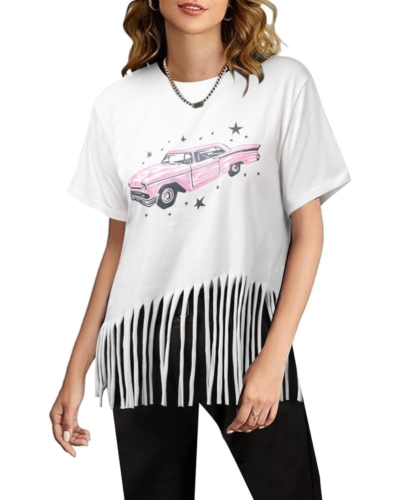 Fringe Shirt Women: Tassels Trim Top Car Graphic Tee Casual Short Sleeve Tshirt Western Country Music T-Shirt White $9.03 T-S...