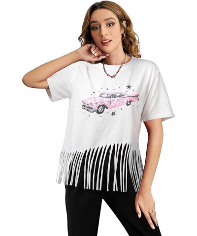 Fringe Shirt Women: Tassels Trim Top Car Graphic Tee Casual Short Sleeve Tshirt Western Country Music T-Shirt White $9.03 T-S...