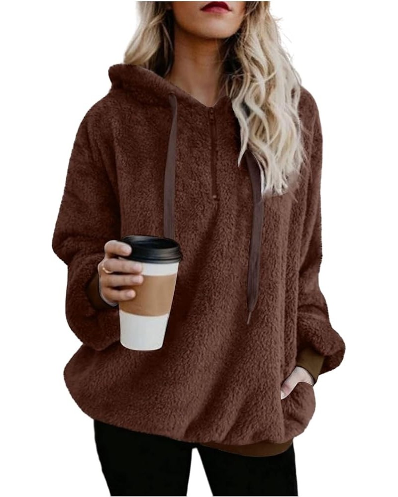 Hoodies for Women Sherpa Pullover Fuzzy Fleece Sweatshirts Quarter Zip Long Sleeve Casual Soft Oversized with Pocket Brown $7...