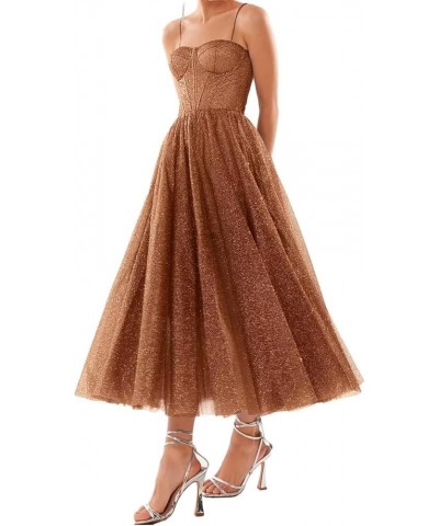 Glitter Tulle Tea Length Prom Dress for Teens A Line Formal Evening Party Gowns Burnt Orange $24.48 Dresses